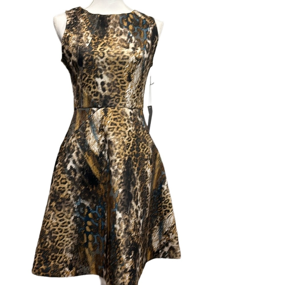 Jennifer Lopez Sleeveless Fit and Flare Scuba Cocktail Dress Leopard Print